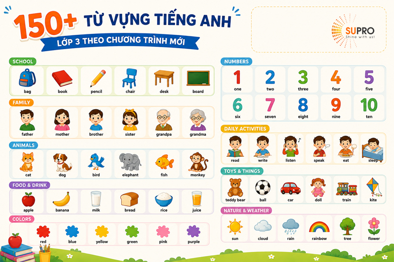150+ từ vựng tiếng Anh lớp 3 theo chương trình mới (kèm phiên âm và bài tập)
