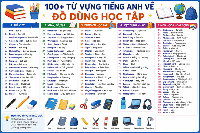 100+ từ vựng tiếng Anh về đồ dùng học tập thông dụng kèm phiên âm