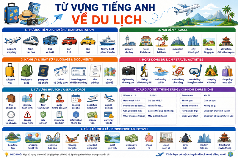 100+ từ vựng tiếng Anh về du lịch thông dụng (kèm phiên âm và ví dụ)